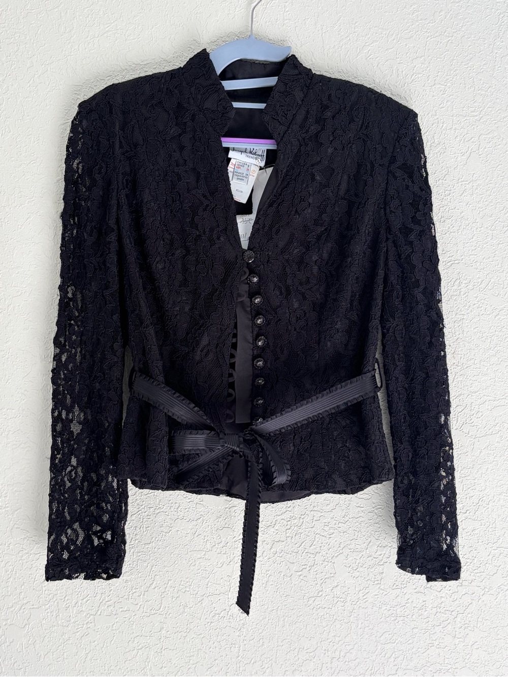 Joseph Ribkoff Black Lace Button-Front Jacket with Waist Tie